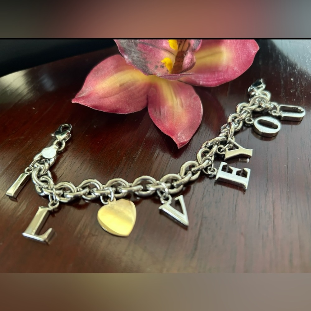 Sterling silver 925 i love u bracelet with 14k gold heart